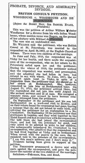 Plaoutine vs Woodhouse Divorce Proceedings 'The Times' 19 Jan 1912