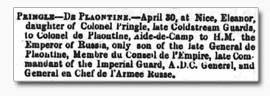 Marriage Announcement for Serge Plaoutine and Eleanor Pringle 'Army & Navy Gazette' 18 May 1867