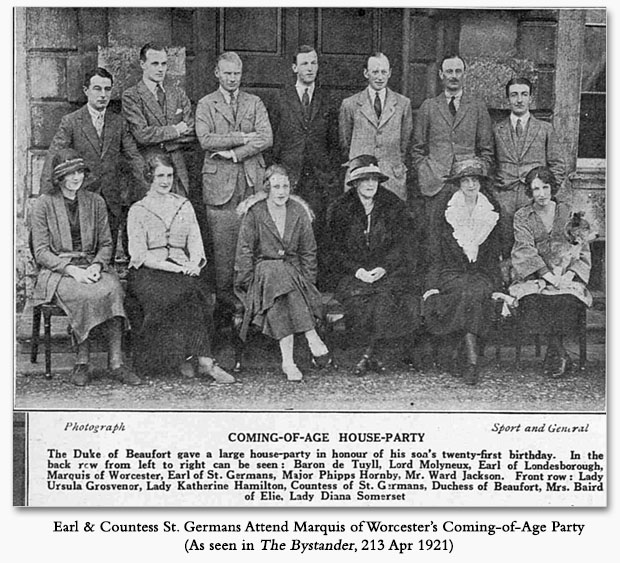 Earl & Countess St. Germans Attend Marquis of Worcester's Coming-of-Age Party (The Bystander, 13 Apr 1921)