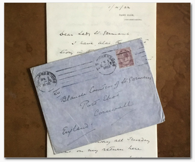 Orignal Letter and Cover, Rand Club, 1922 (Lord Herbert's Collection)